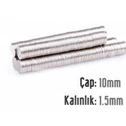 10x1,5 mm, Yuvarlak Neodyum Mıknatıs, Güçlü Magnet, (Çap: 10 mm, Kalınlık: 1,5 mm)