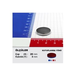 20x3 mm, Yuvarlak Neodyum Mıknatıs, Güçlü Magnet, (Çap: 20 mm, Kalınlık: 3 mm)