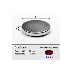 20x3 mm, Yuvarlak Neodyum Mıknatıs, Güçlü Magnet, (Çap: 20 mm, Kalınlık: 3 mm)