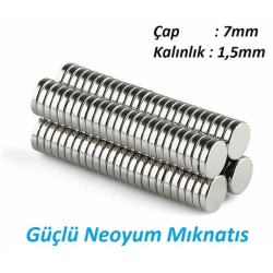 7x1,5 mm, Yuvarlak Neodyum Mıknatıs, Güçlü Magnet, (Çap: 7 mm, Kalınlık: 1,5 mm)