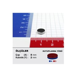 8x2 mm, Yuvarlak Neodyum Mıknatıs, Güçlü Magnet, (Çap: 8 mm, Kalınlık: 2 mm)