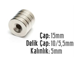 10x5 mm, Yuvarlak, Havşalı, Neodyum Mıknatıs, Güçlü Magnet, (Çap:10mm, Kalınlık:5mm)